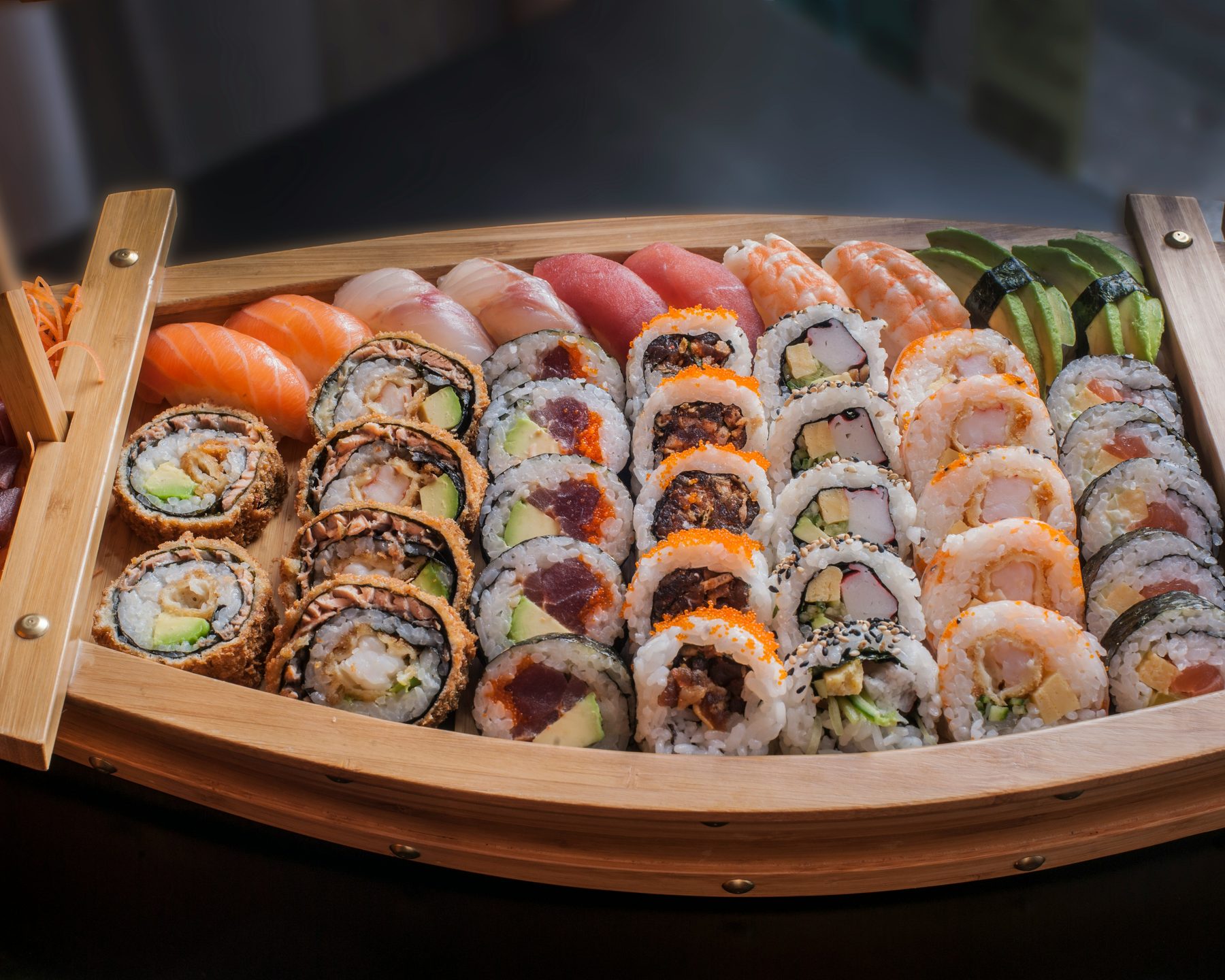 Assorted sushi carefully arranged for serving