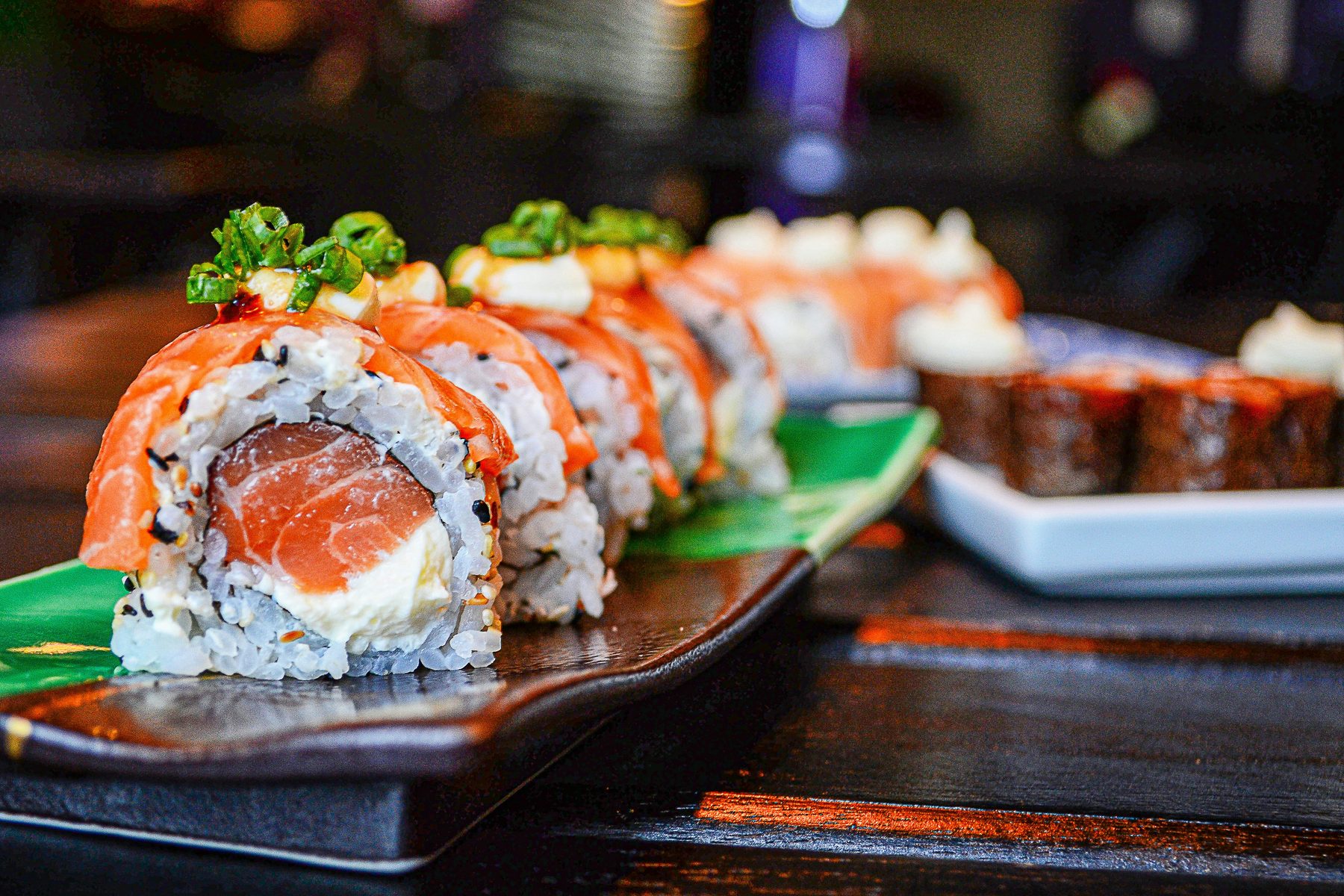 Fresh sushi rolls prepared at the restaurant